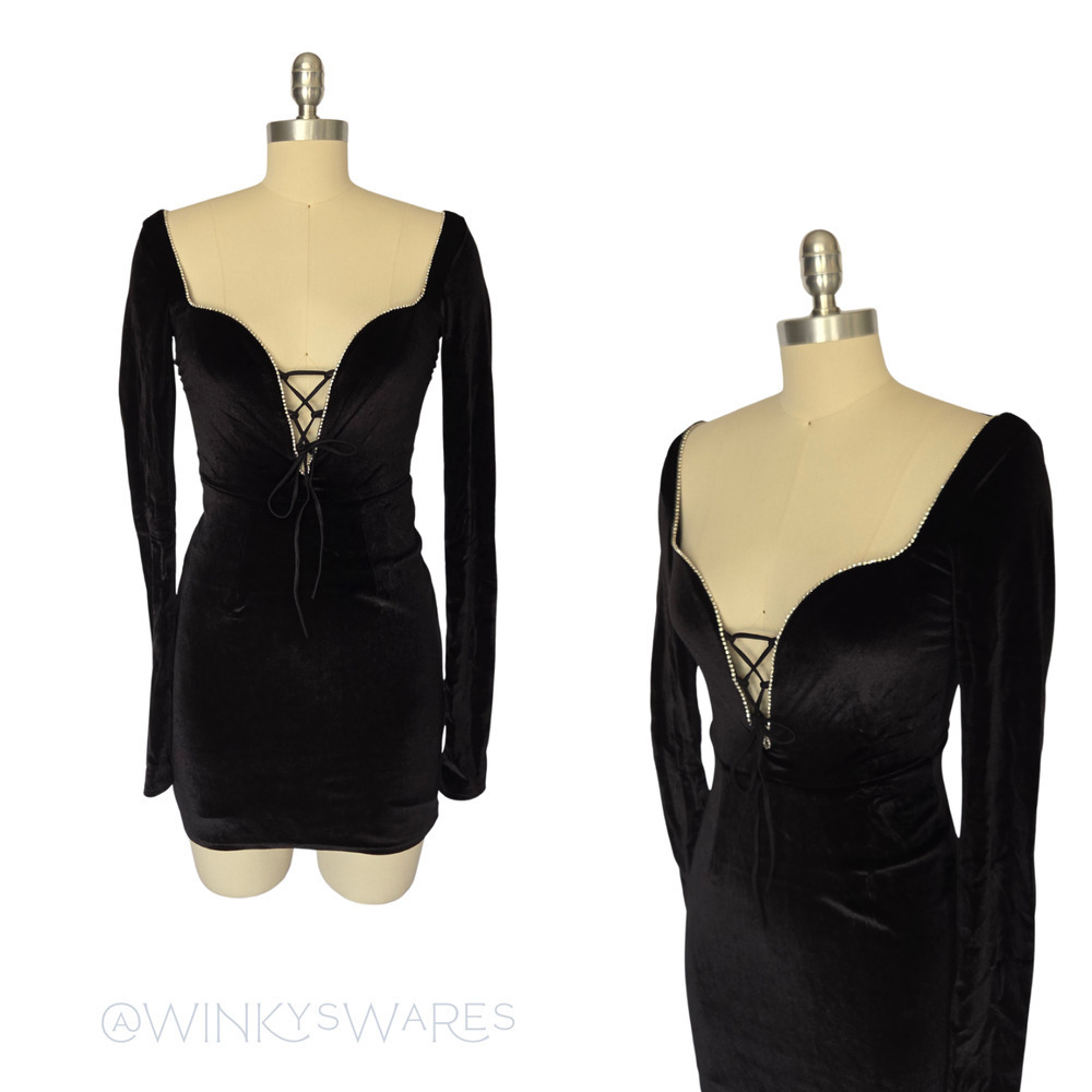 Lucy in the Sky Velvet Bodycon Dress Black Corset Size XS HoCo Mini Plunge Bling
